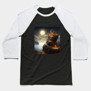 "Moonlit Cliffside Castle: A Majestic Nighttime Fantasy Escape" Baseball T-Shirt